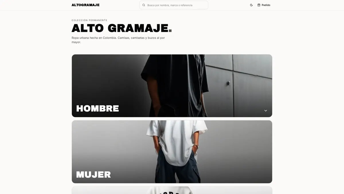 Captura del proyecto Alto Gramaje: Catálogo mayorista